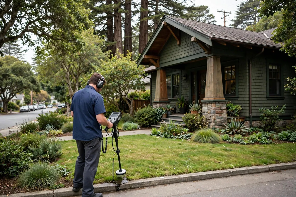 Leak Detection Pros specialist with acoustic listening equipment outside a Redwood City home