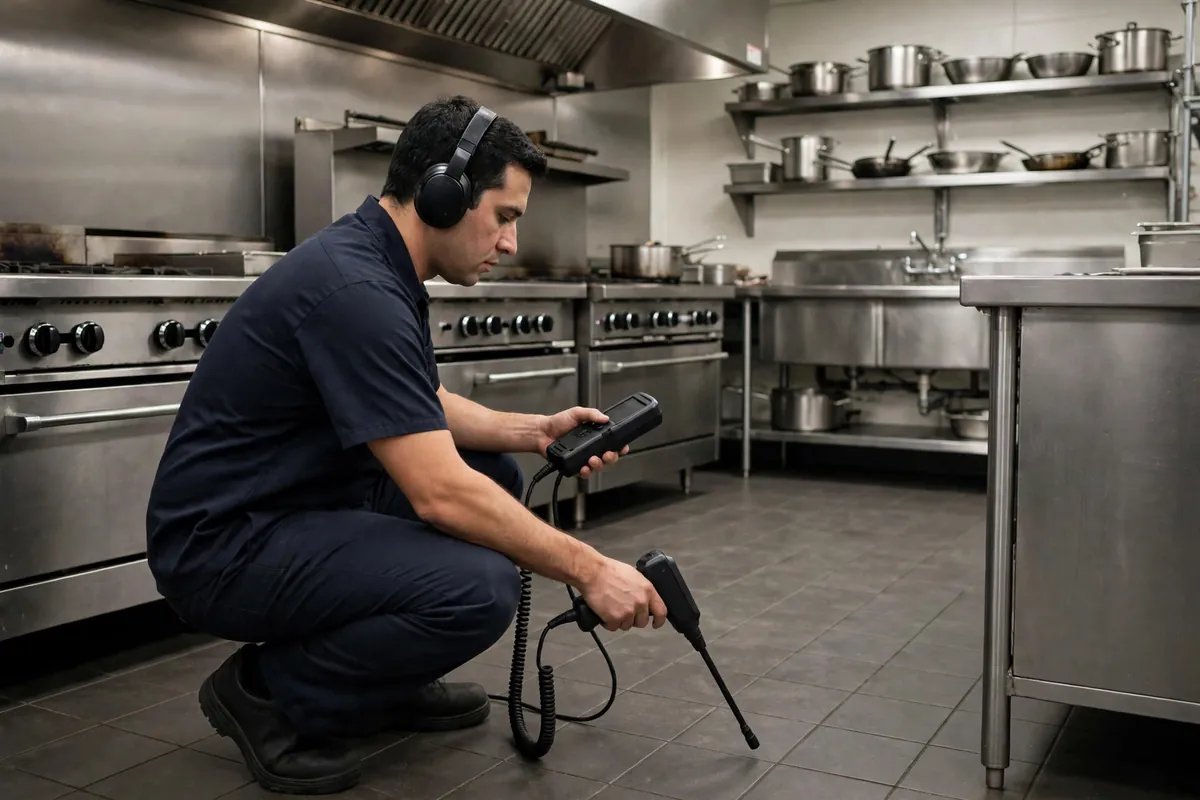 Technician running acoustic leak detection in a restaurant kitchen