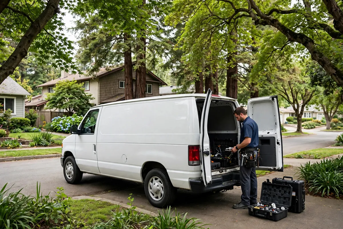 Leak Detection Pros van parked on a Redwood City residential street
