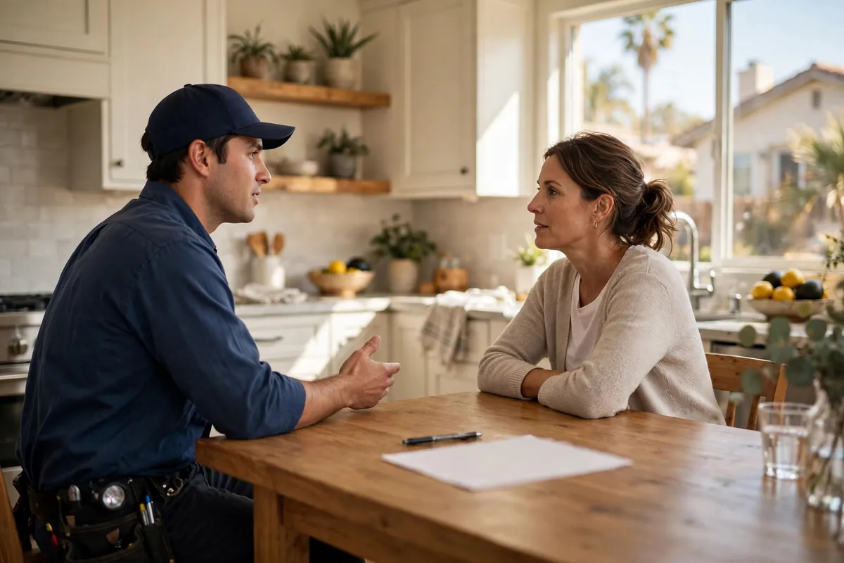 Specialist reviewing a written detection quote with a homeowner at the kitchen table