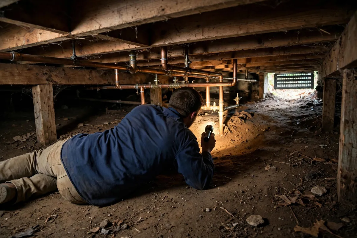 Technician inspecting pipes under a raised-foundation home with a flashlight