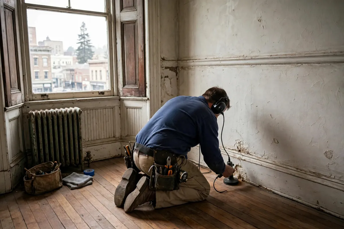 Technician using acoustic listening equipment inside an older Downtown home