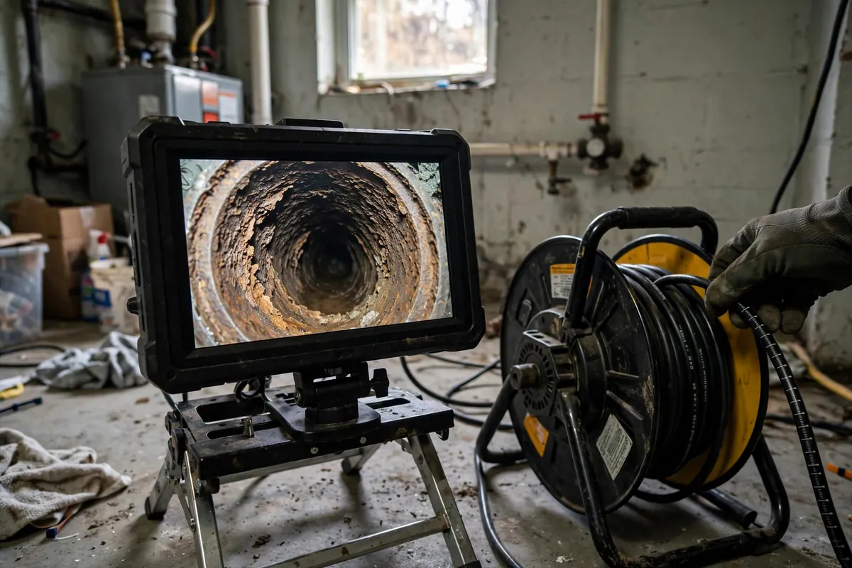 Sewer camera screen showing the inside of an older cast-iron drain line
