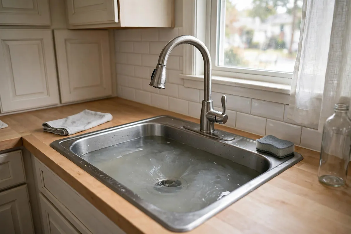 Slow-draining kitchen sink with standing water
