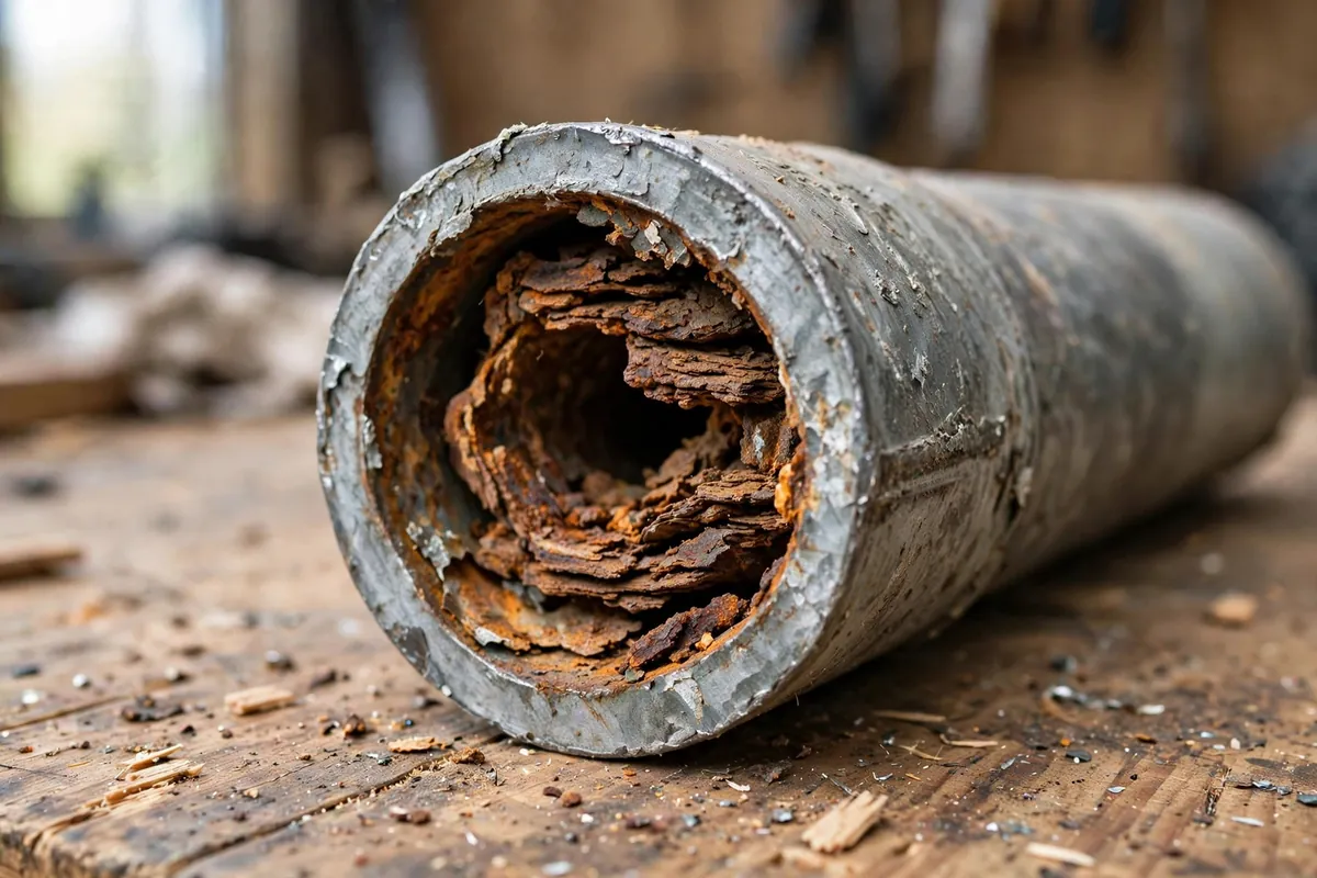 Cut section of old galvanized pipe showing heavy internal corrosion