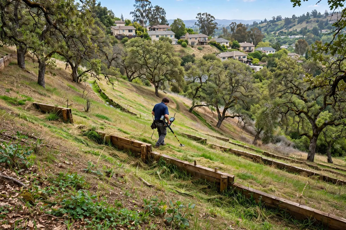 Technician tracing a water line across a sloped Emerald Hills lot