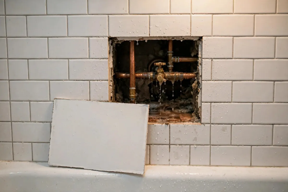 Leaking shower valve with wall access panel open