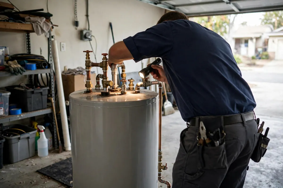Technician inspecting water heater valves and fittings for a leak source