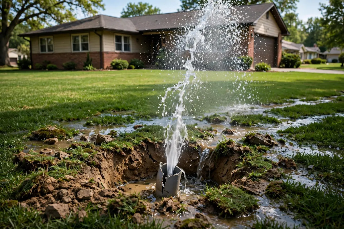 Broken sprinkler line spraying water onto a lawn