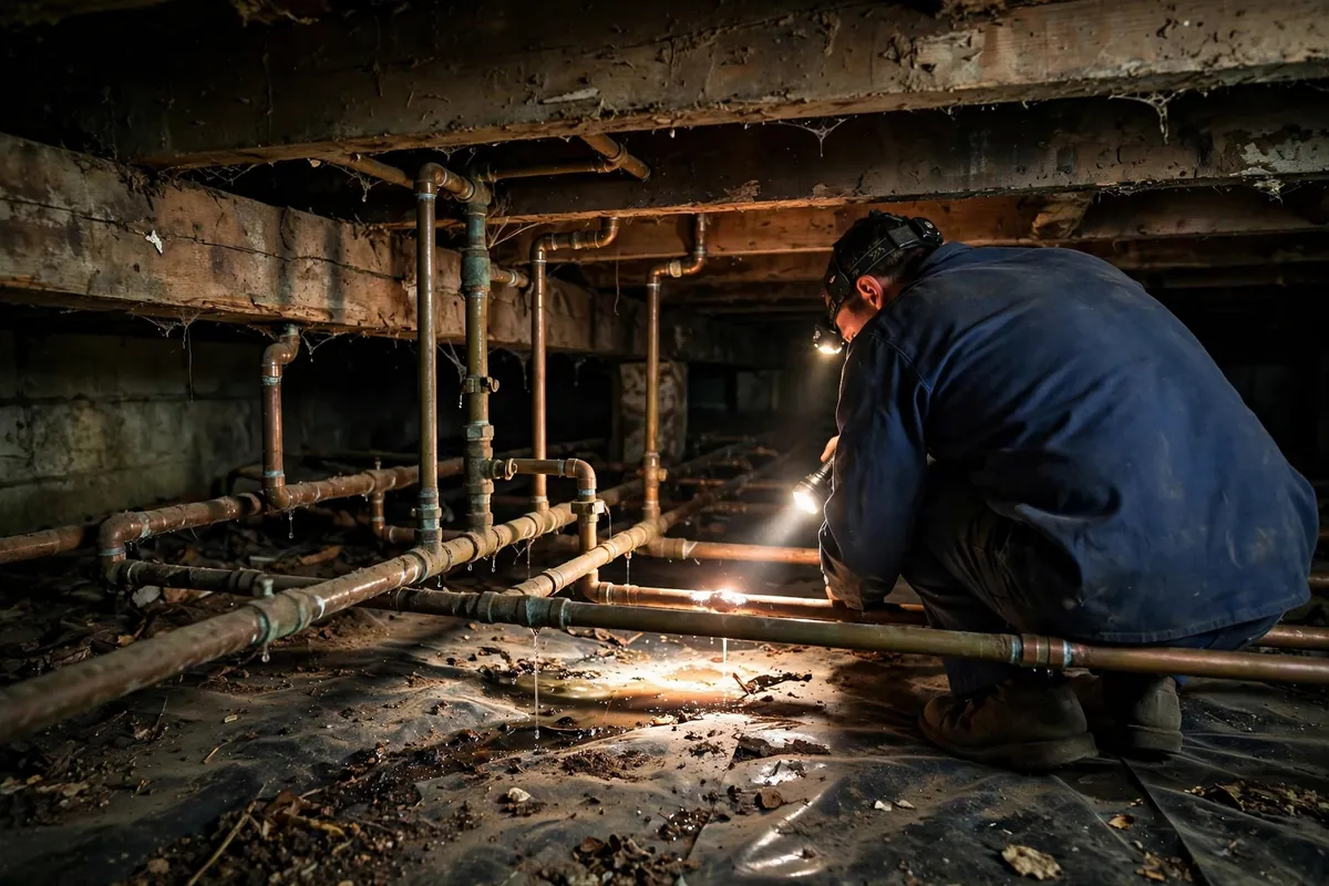 Technician checking underfloor plumbing beneath an early-1950s Palm Avenue home