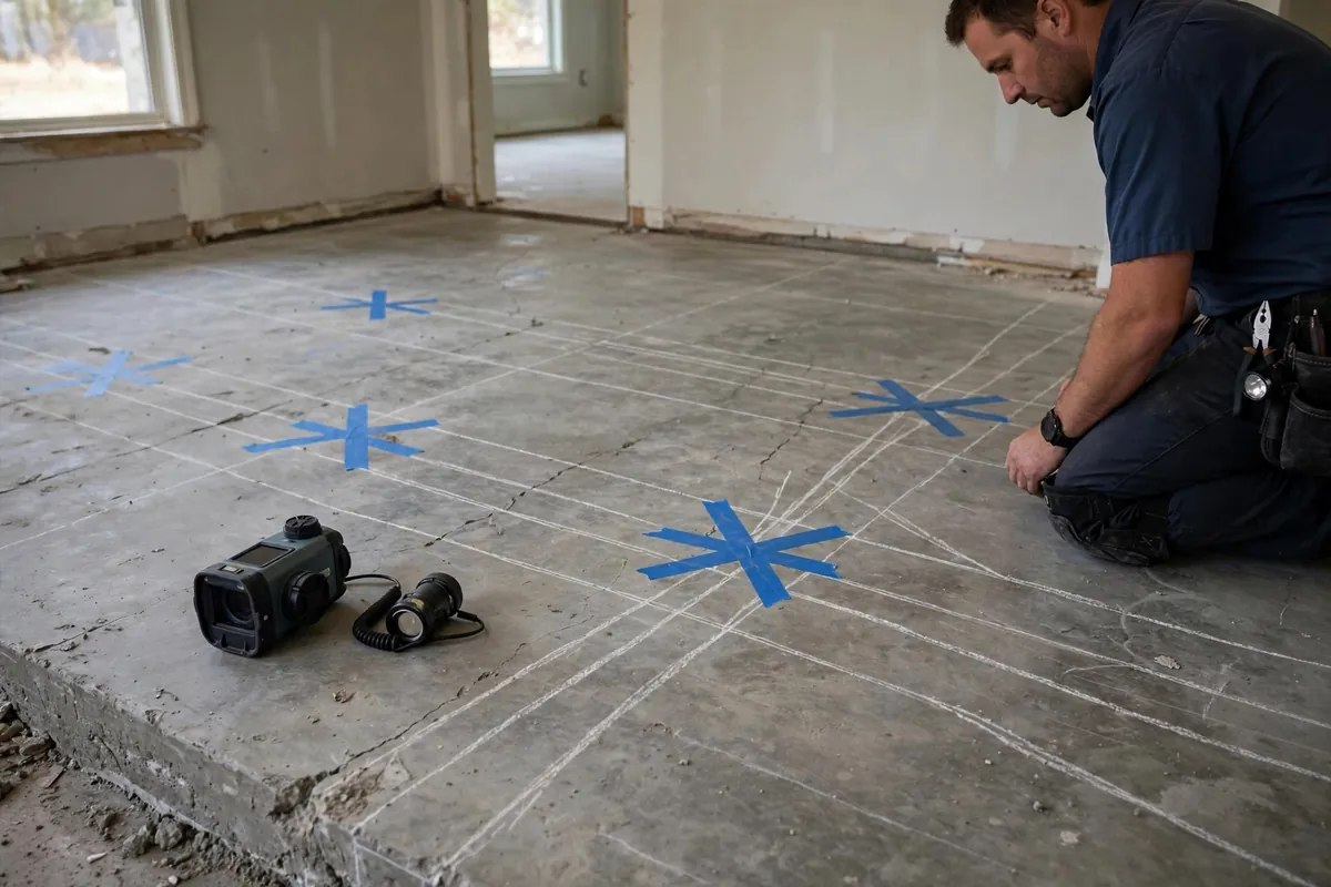 Slab scanned and marked with the pinpoint and cable locations before opening