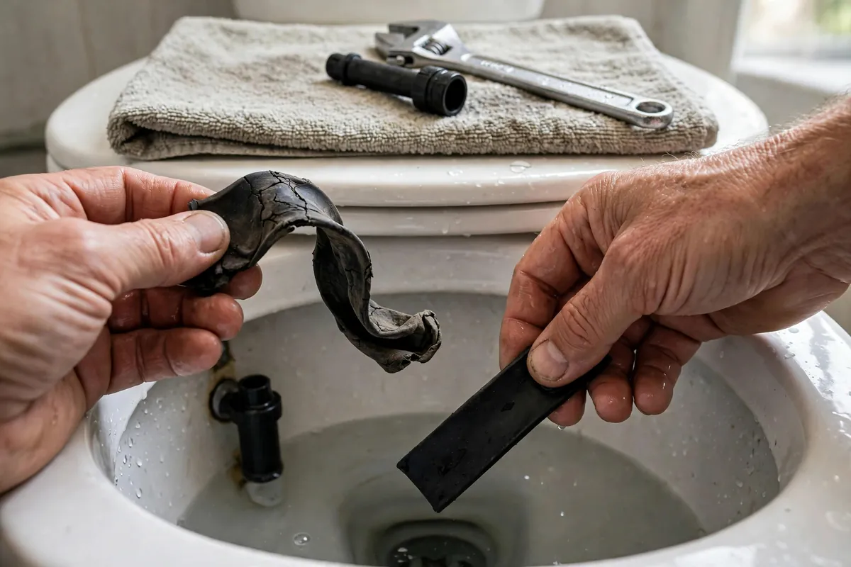 Worn toilet flapper and fill valve being replaced